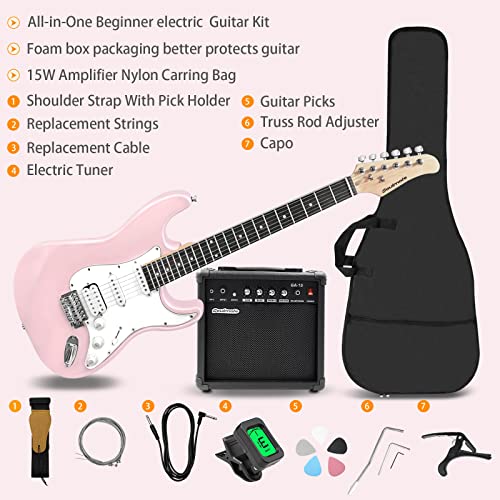39 Inch Full Size HSS Pickups Electric Guitar Starter Kit with 15W Amp H5226