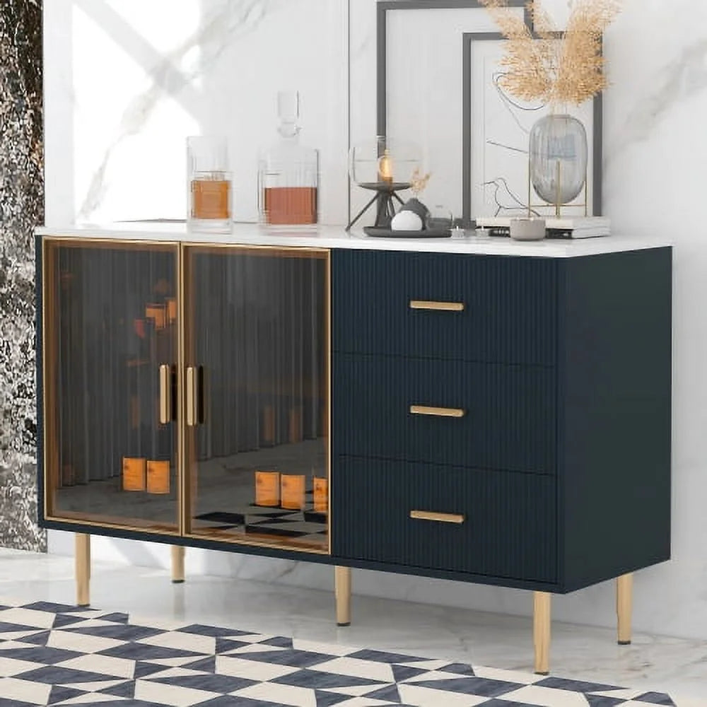 Modern MDF Buffet Cabinet with Marble Sticker Tabletop and Tempered Glass Doors H284