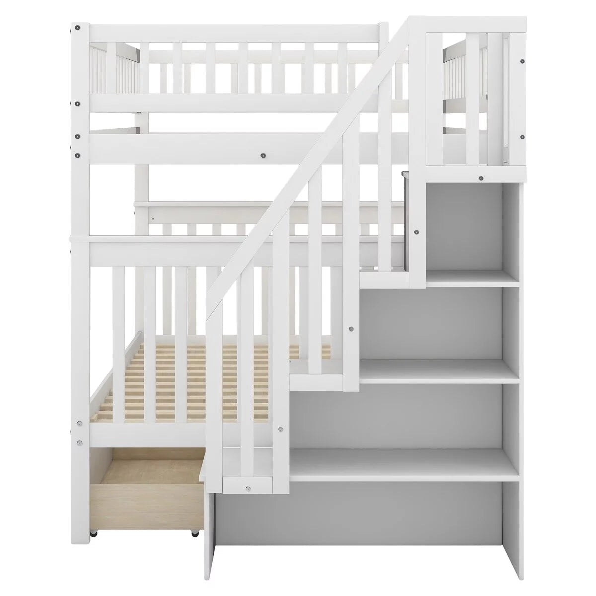 Full over Full Bunk Bed with Two Drawers and Storage White M432958
