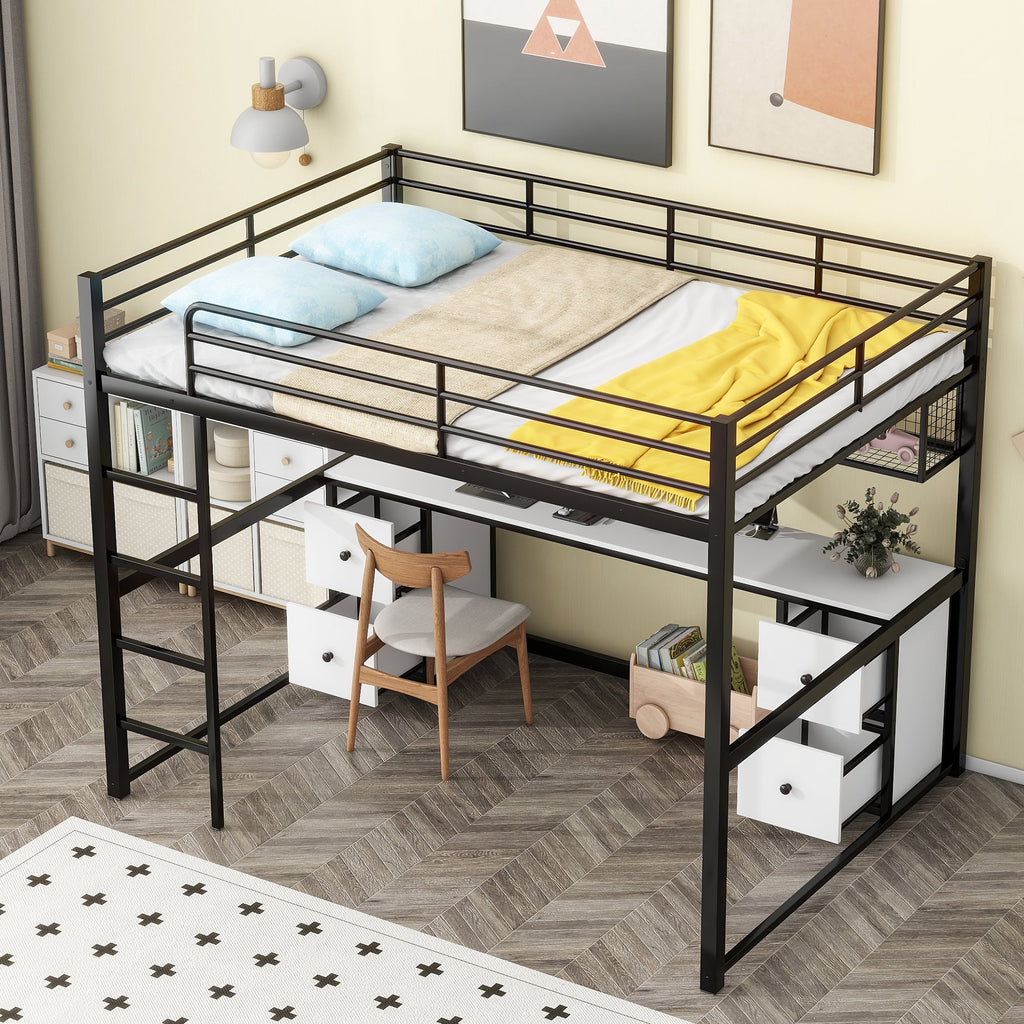 Black Metal Full Size Loft Bed with Storage Shelf and Desk D783827