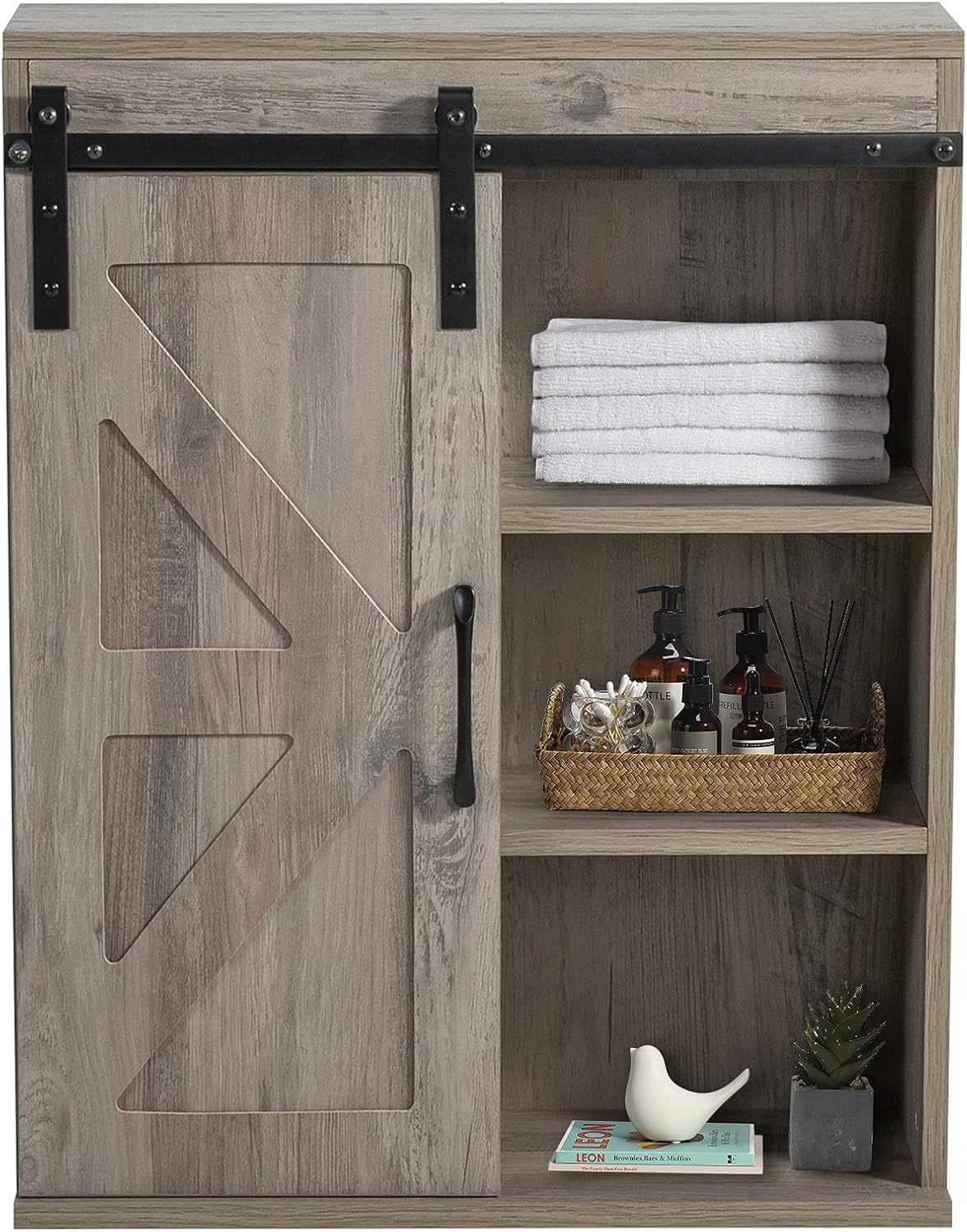 Rustic Wooden Wall Mounted Storage Cabinet with Sliding Barn Door S956827
