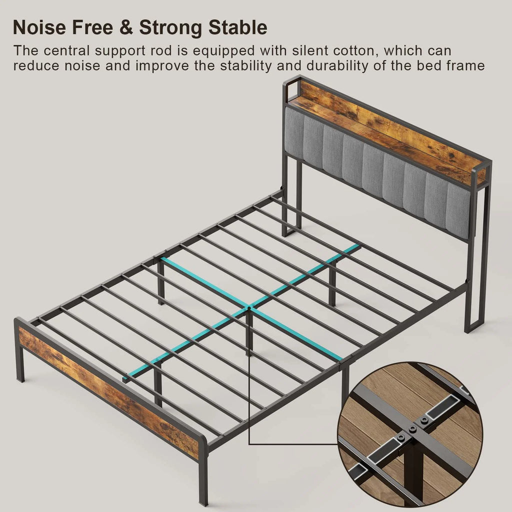 Queen Storage Headboard Metal Platform Bed Frame M2695