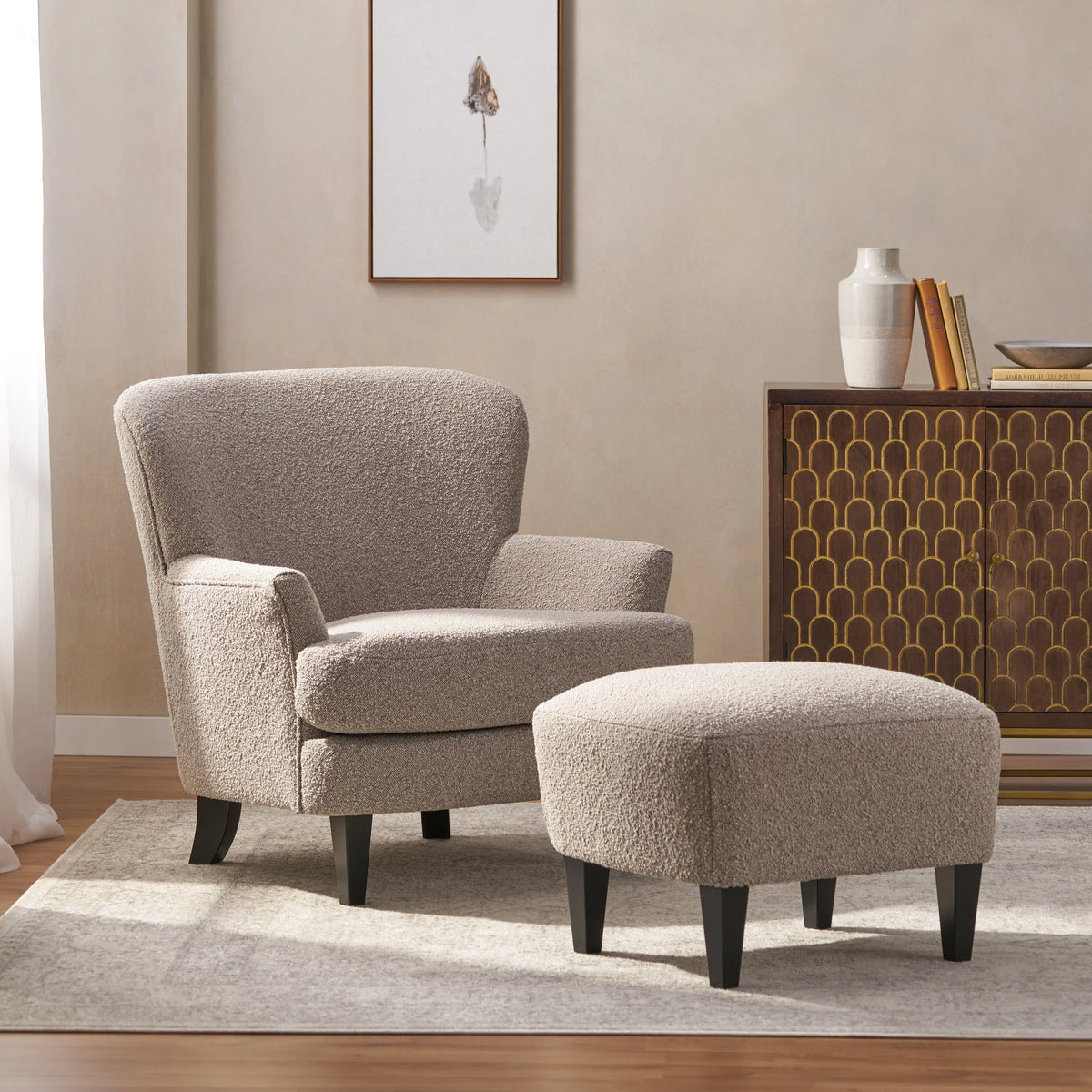 Boucle Upholstered Club Chair and Ottoman Set X9742
