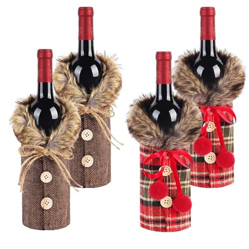 4Pcs Christmas Wine Bottle Cover Linen Plaid U74025