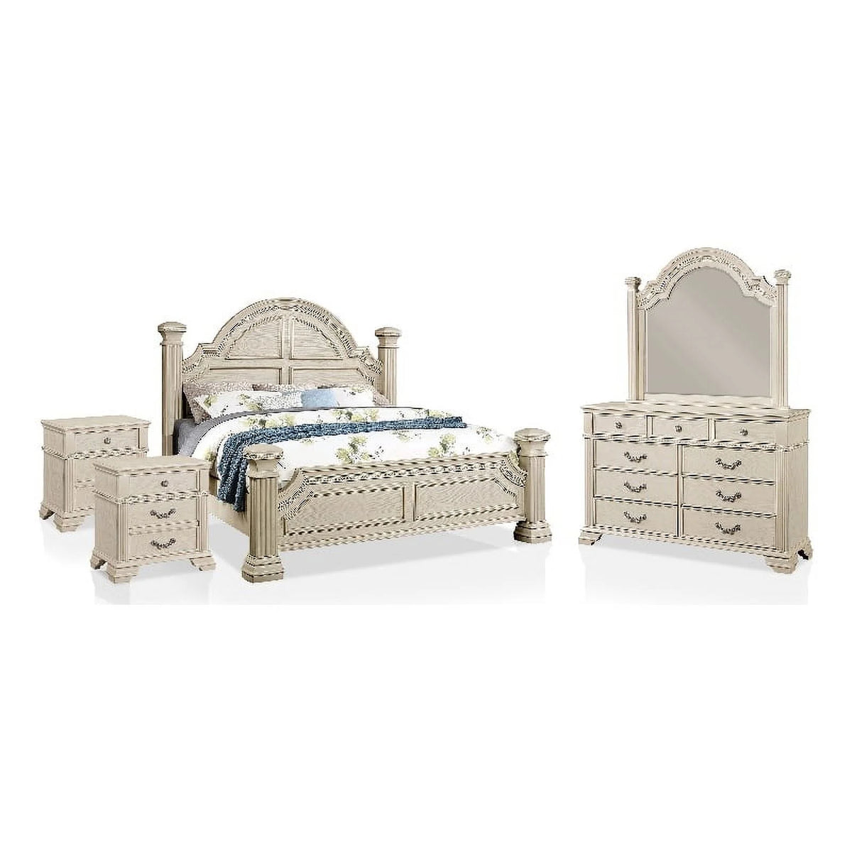 5pc White Wood Bedroom Set King with Nightstands Dresser Mirror Y15342