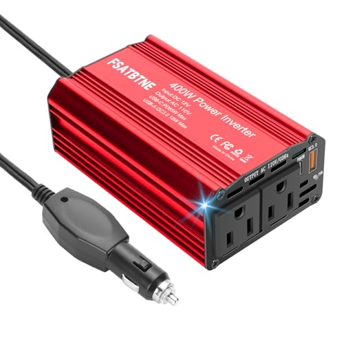 400W Power Inverter, DC 12V to 110V AC Car Plug Adapter Outlet Converter with USB-C & USB-A Fast Charging Ports and 2 AC Outlets O46408