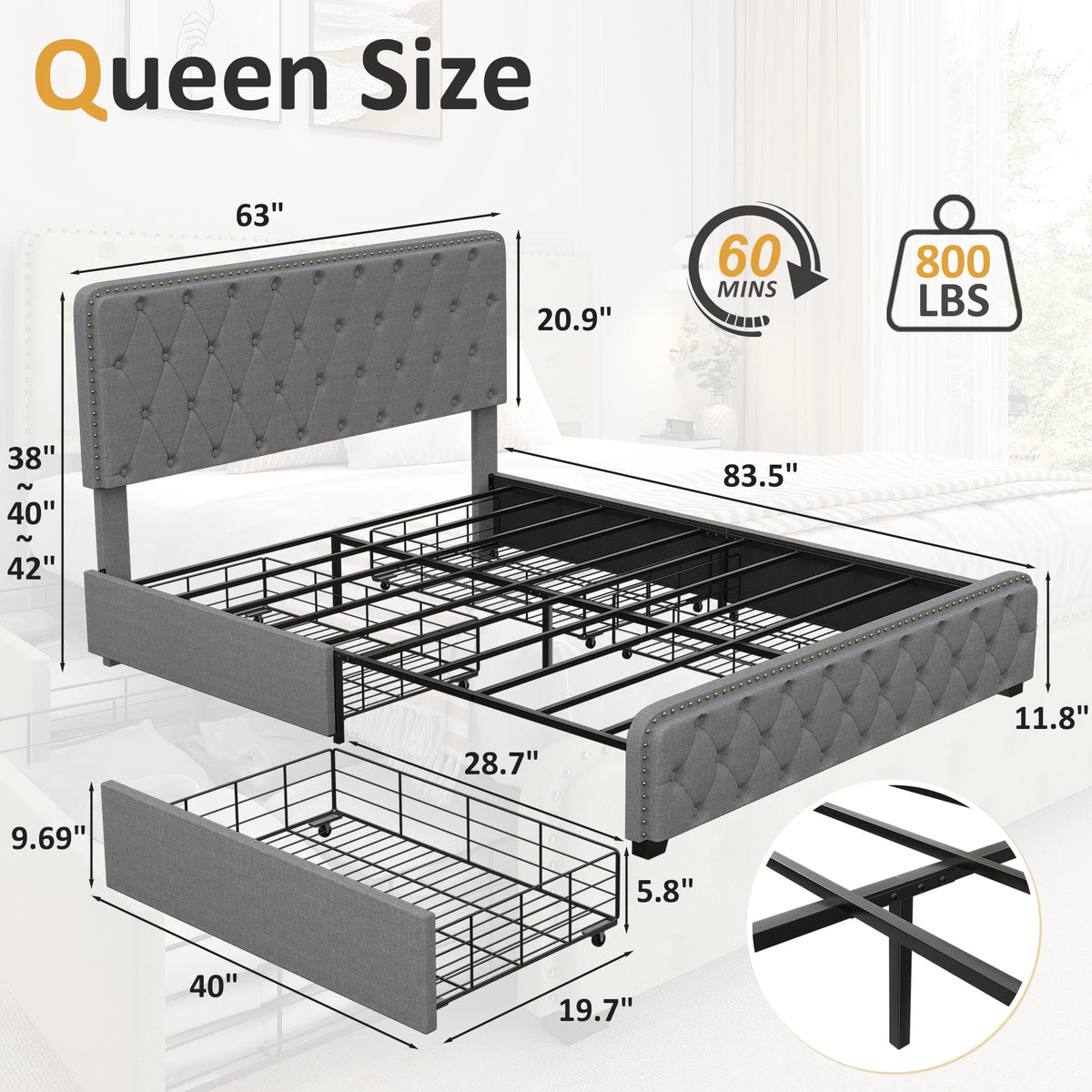 Queen Size Platform Bed Frame with 4 Storage Drawers and Upholstered Headboard, Dark Grey E324