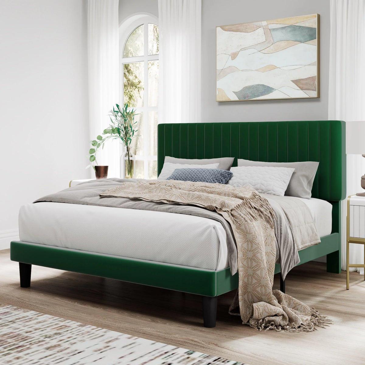 Pink Queen Size Upholstered Platform Bed Frame with Velvet Headboard J1004
