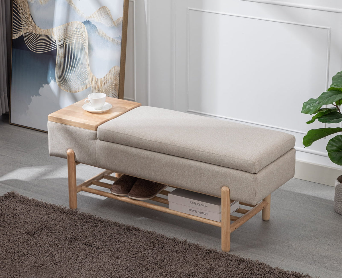 Beige Linen Storage Bench with Shoe Rack E948