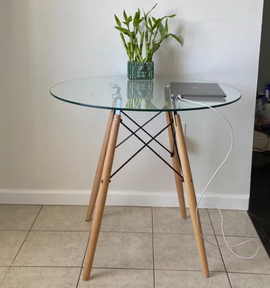 Set of 5 Round Glass Dining Table 32" with Wood Legs B7677