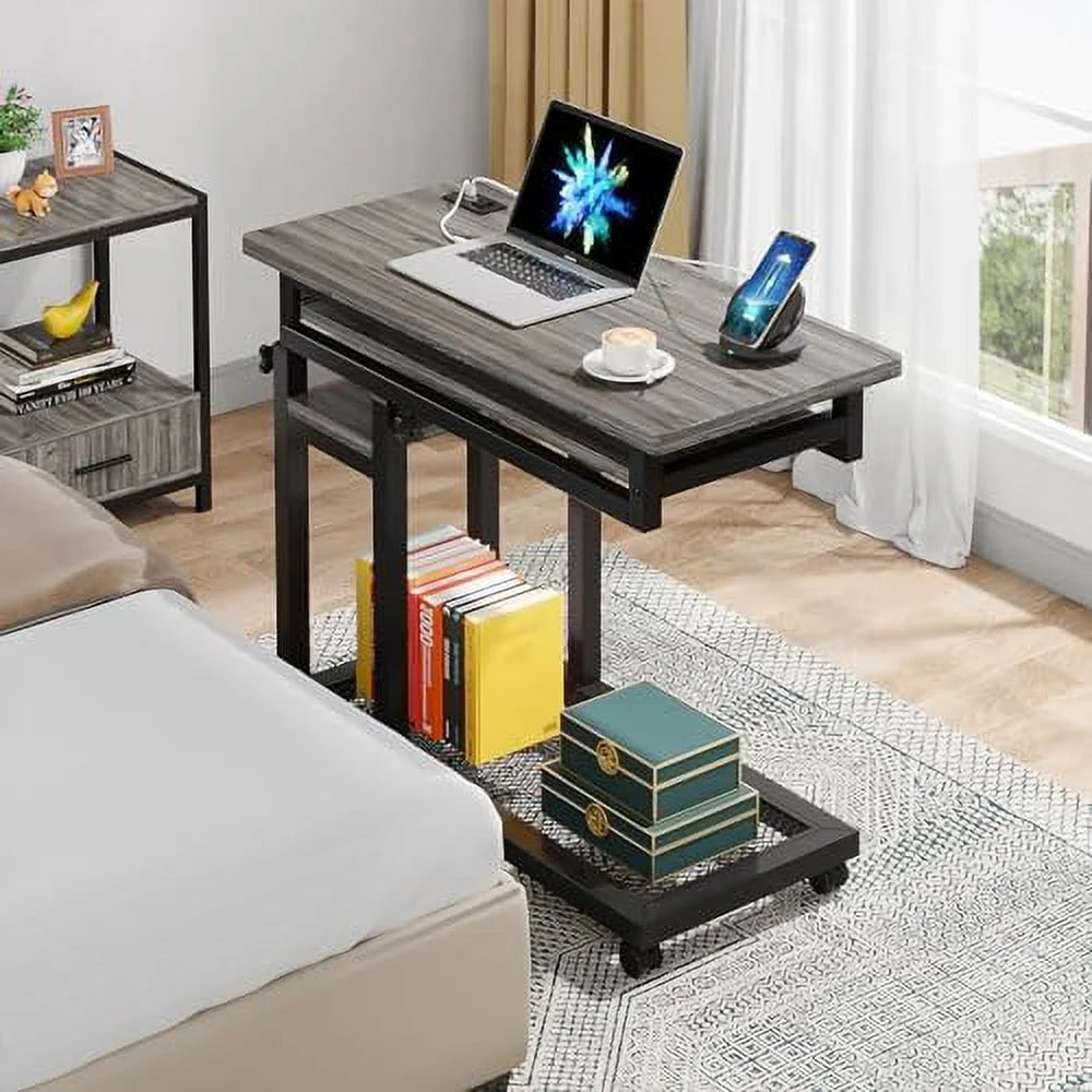 Small Portable Height Adjustable Desk with Power Outlet and Wheels D778425