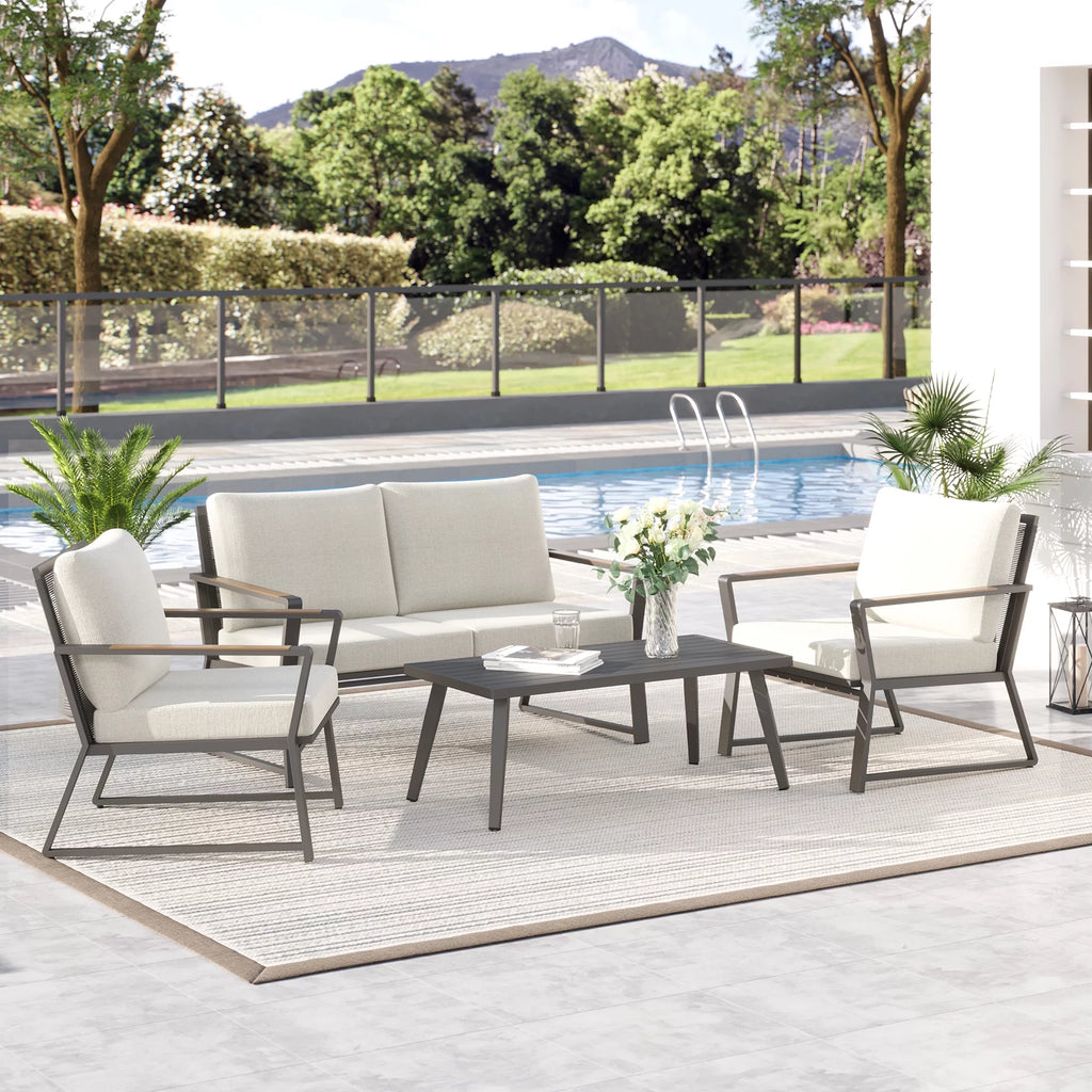 4 Pcs Patio Aluminum Conversation Outdoor Set with Center Table and Cushions U63612