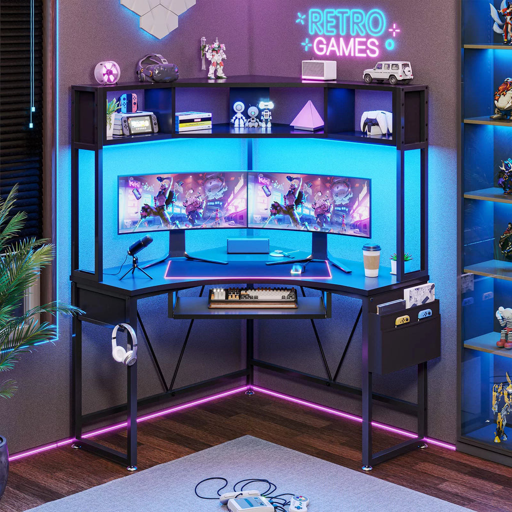 Black Corner Computer Desk with Hutch and LED Lights U84354