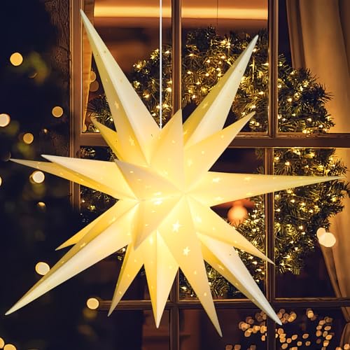 3 Pcs 9-Pointed White Paper Star Lanterns 12 Inch Hanging Lampshade P474