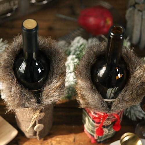 4Pcs Christmas Wine Bottle Cover Linen Plaid U74025
