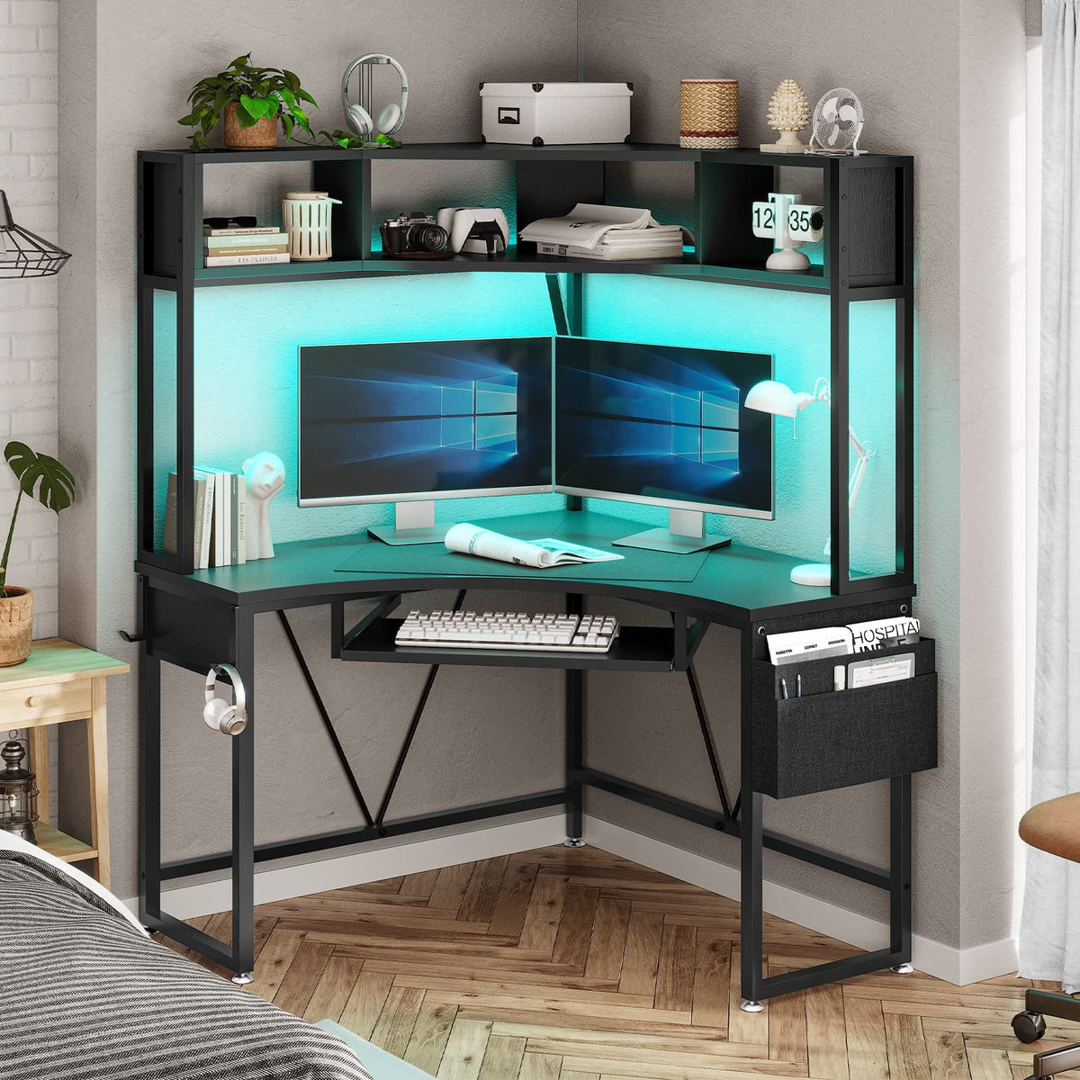 Black Corner Computer Desk with Hutch and LED Lights U84354