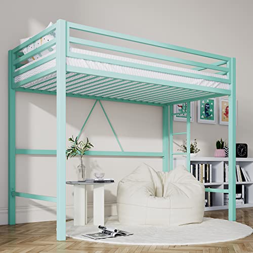 Twin Size Black Metal Loft Bed with Ladder and Guardrail A474
