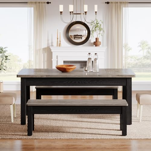 Farmhouse 55-Inch Wooden Dining Table Set with 2 Benches X917