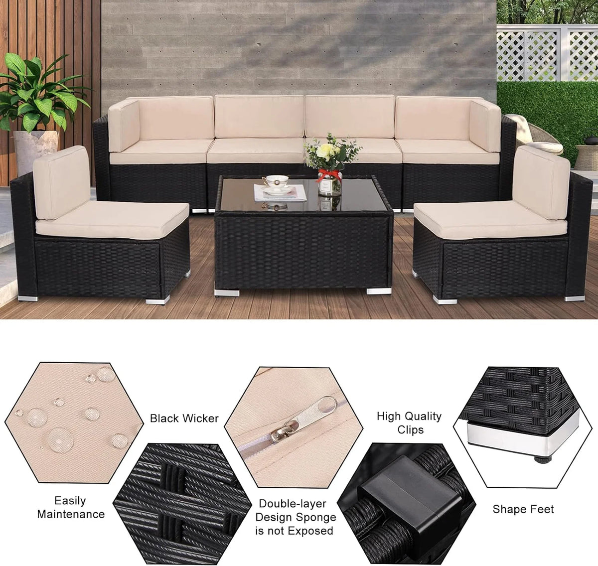 7 Pieces Rattan Wicker Patio Furniture Set with Seat Cushions and Coffee Table I726
