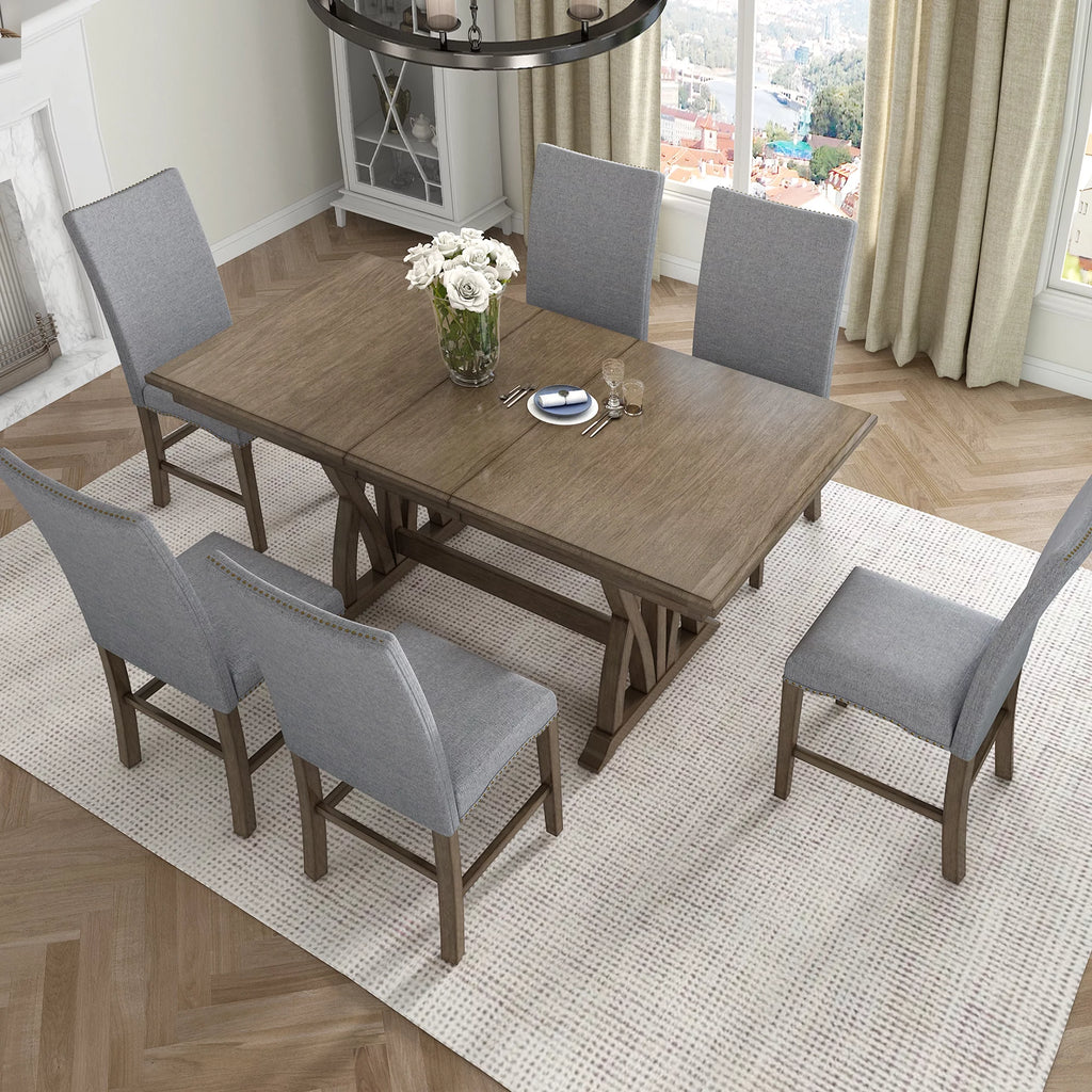 Solid Wood 7-Piece Extendable Dining Table Set with Upholstered Chairs T9174