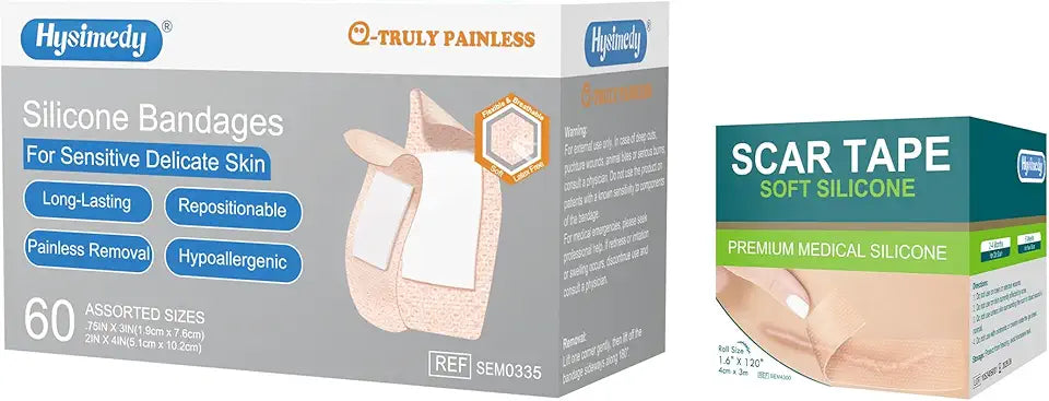 Silicone Bandages Assorted Sizes 60 Counts + Silicone Scar Tape 1.6" x 120" F269