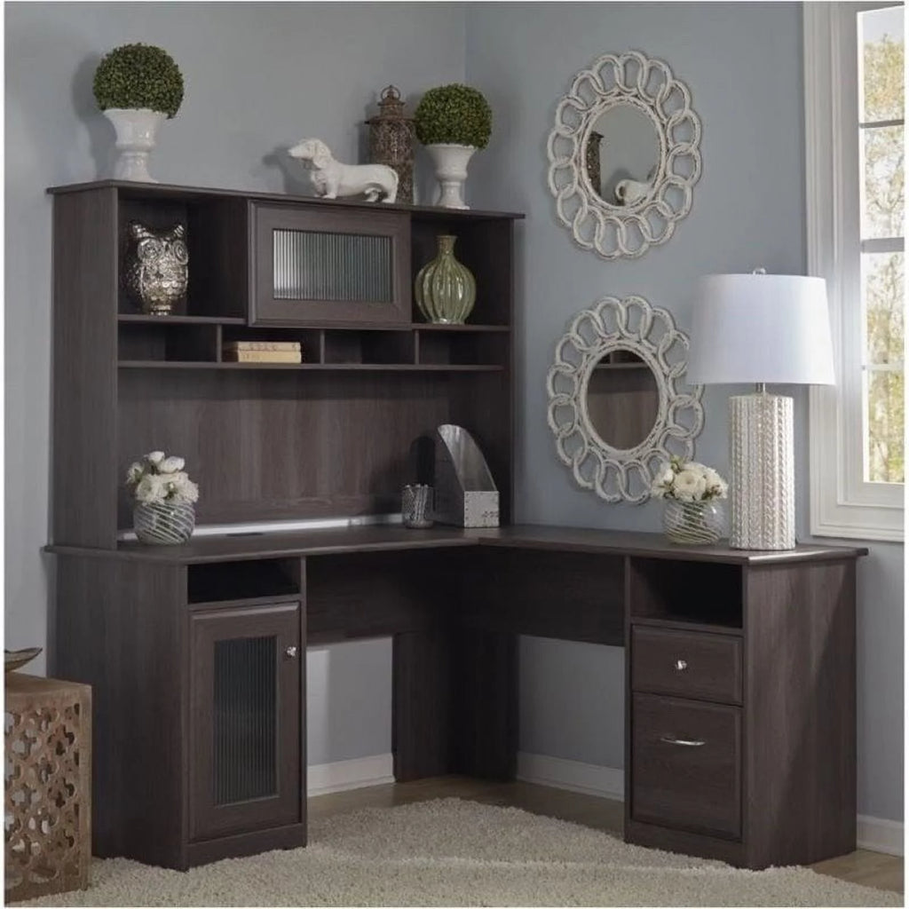 L-Shape Computer Desk with Hutch in Gray R17374