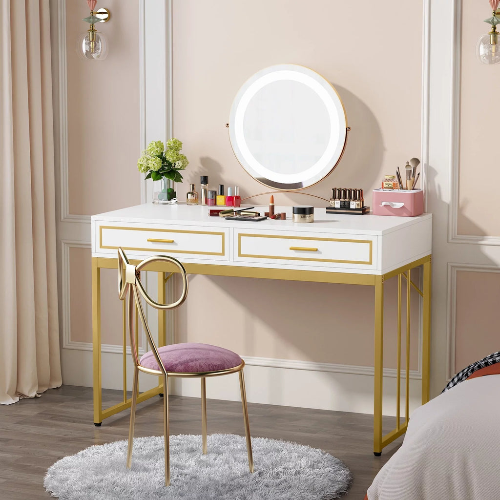 White and Gold Computer Writing Desk with 2 Drawers X626215