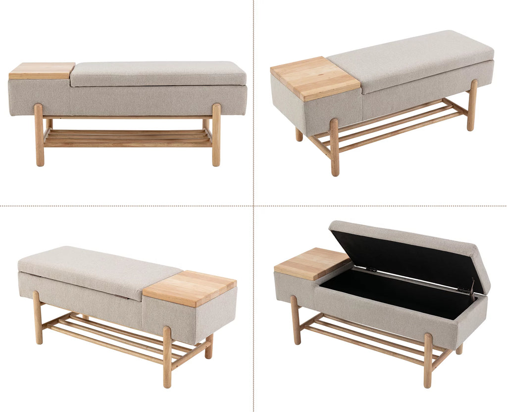 Beige Linen Storage Bench with Shoe Rack E948