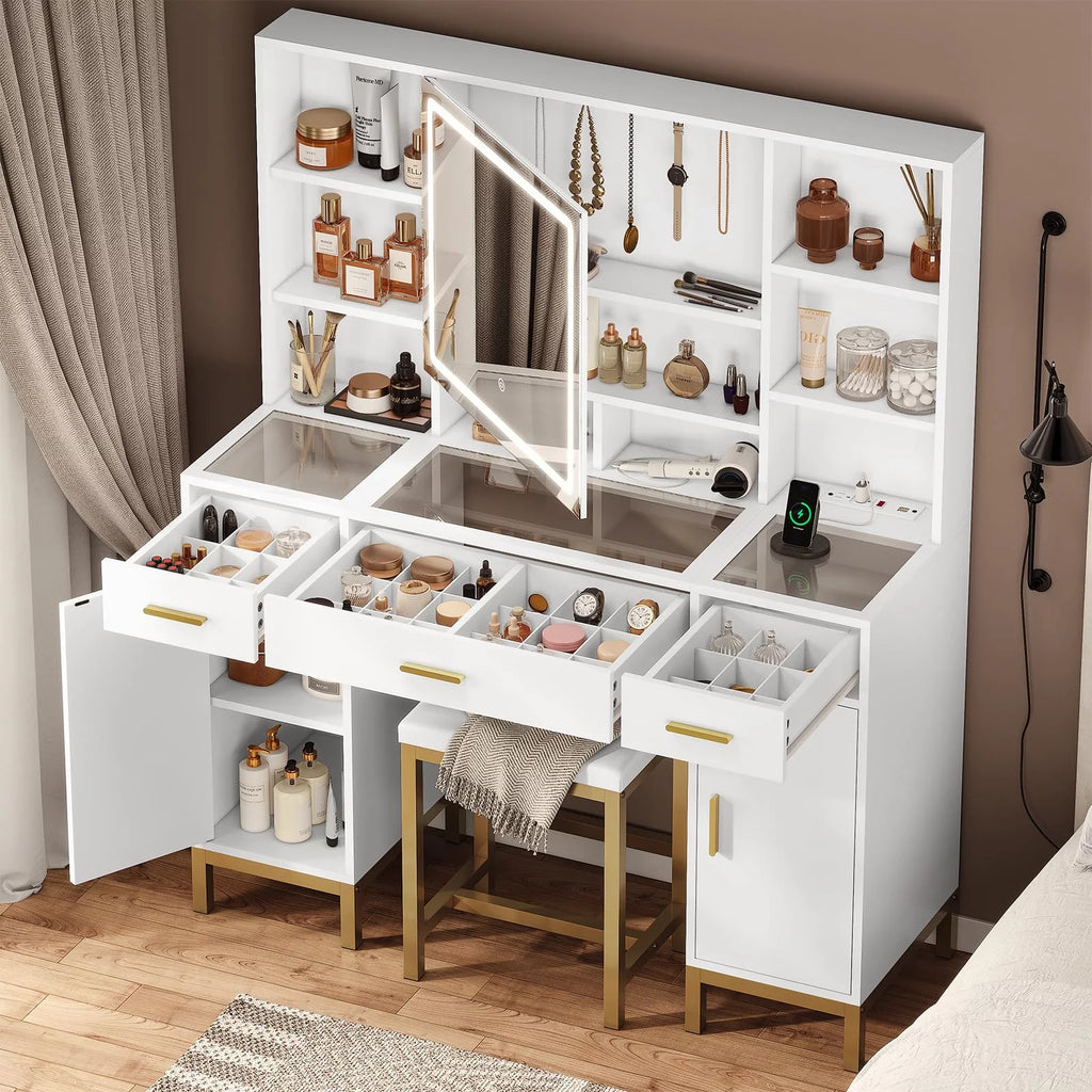 White Vanity Set with Lighted Mirror and Charging Station N94142