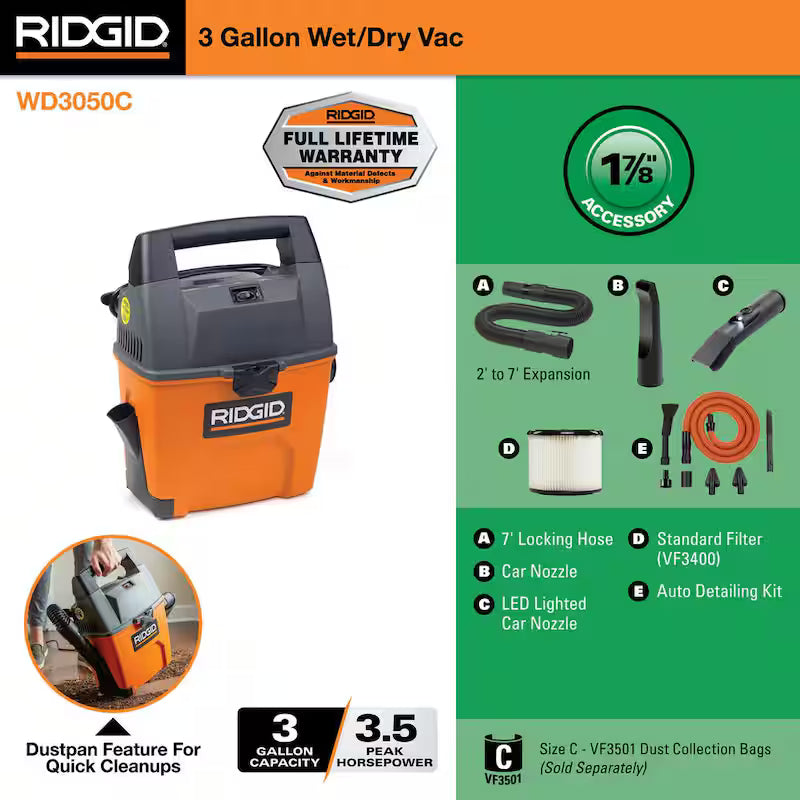 3 Gallon 3.5 Peak HP Portable Wet/Dry Shop Vacuum with Car Cleaning Kit F109274