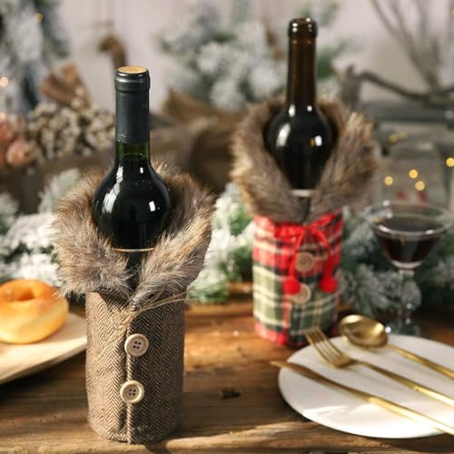4Pcs Christmas Wine Bottle Cover Linen Plaid U74025
