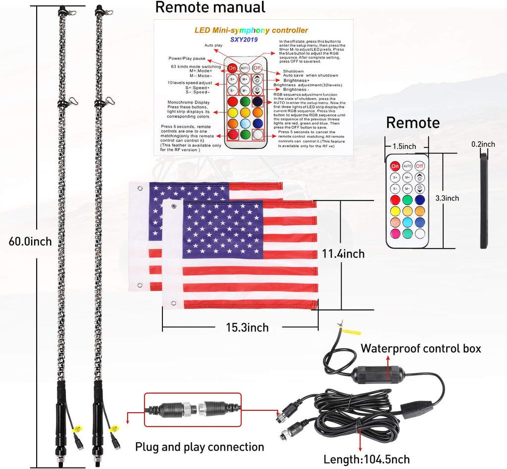 2PCS 5FT RGB LED Whip Lights with Flag K120