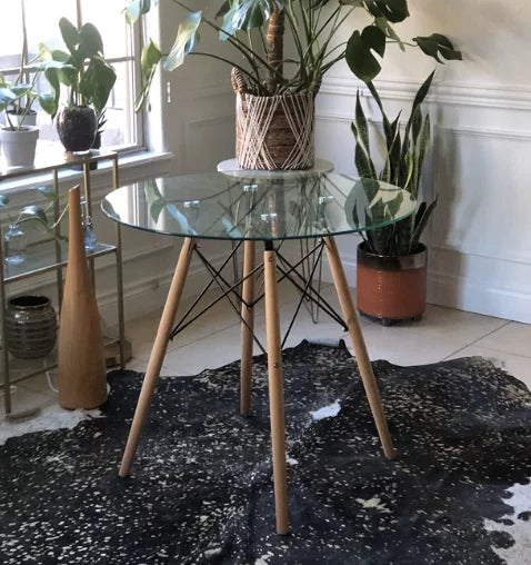 Set of 5 Round Glass Dining Table 32" with Wood Legs B7677