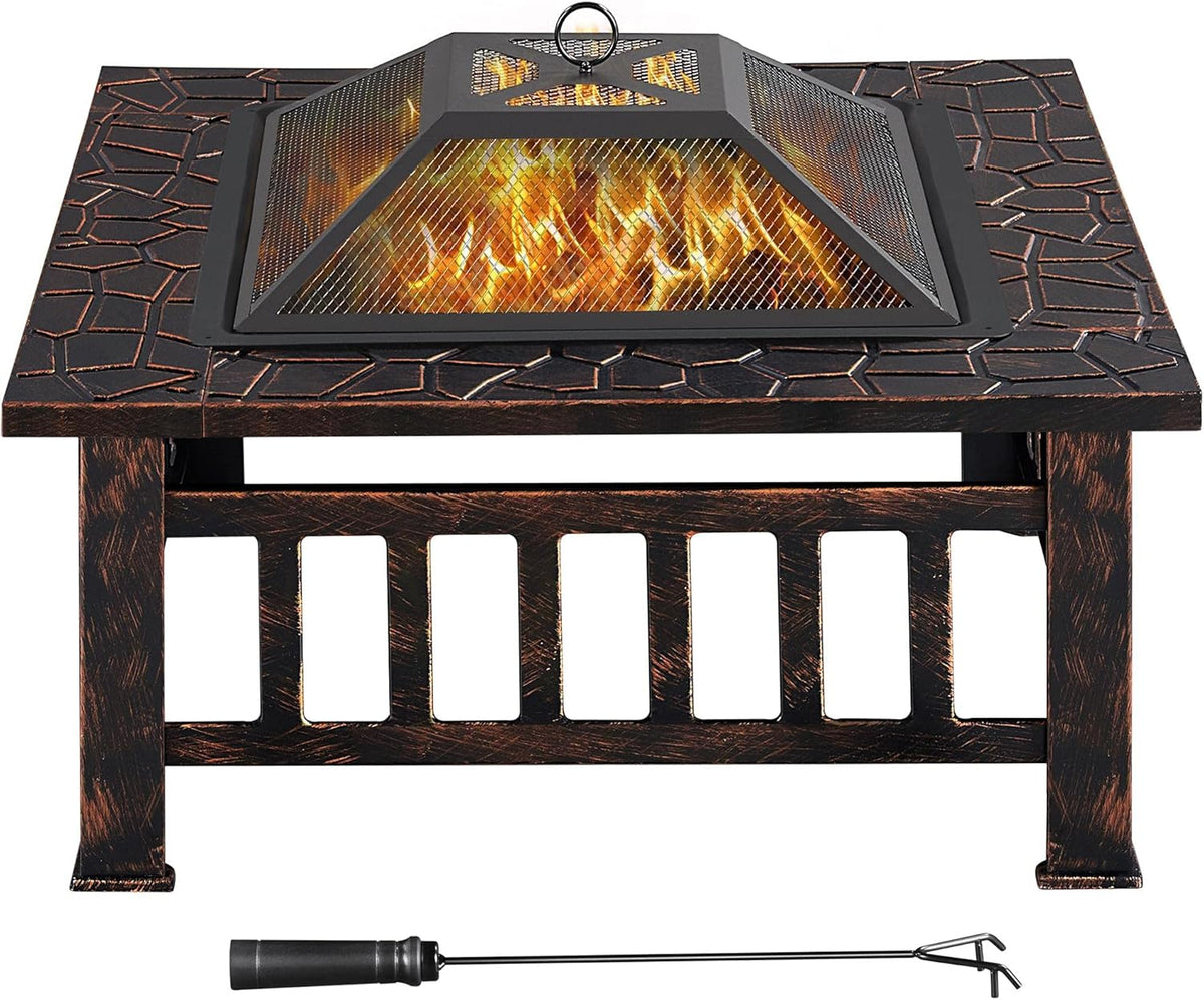 32in Wood Burning Square Fire Pit with Cover, Spark Screen, Poker B8415