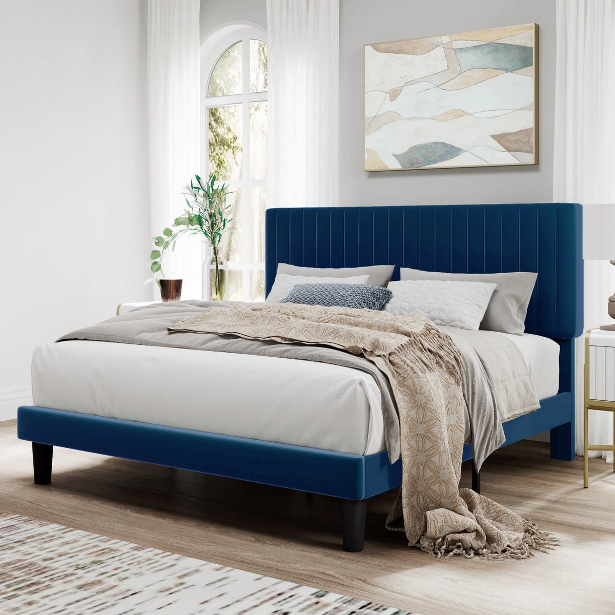 Pink Queen Size Upholstered Platform Bed Frame with Velvet Headboard J1004