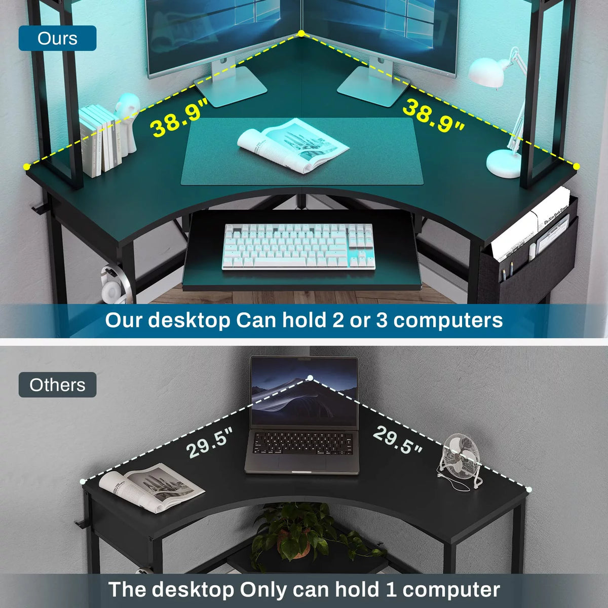 Black Corner Computer Desk with Hutch and LED Lights U84354