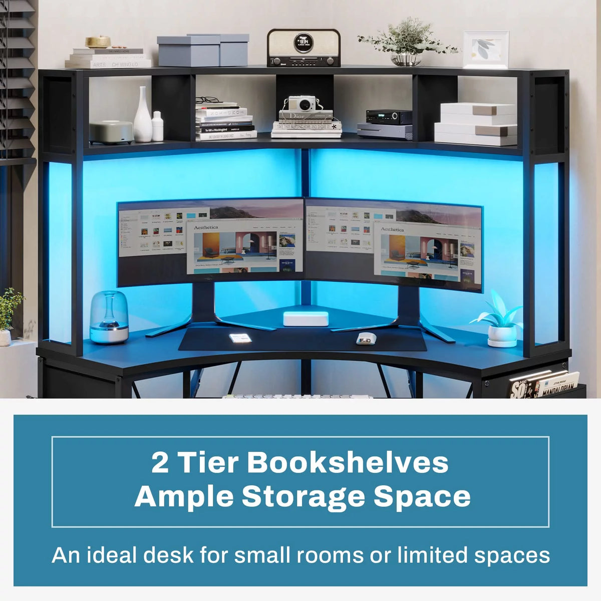Black Corner Computer Desk with Hutch and LED Lights U84354