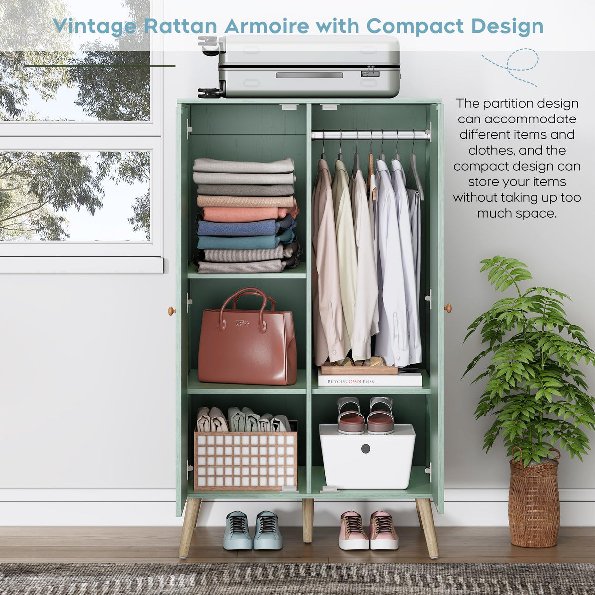 55" Wood Armoire Wardrobe Closet with Rattan Doors L37875