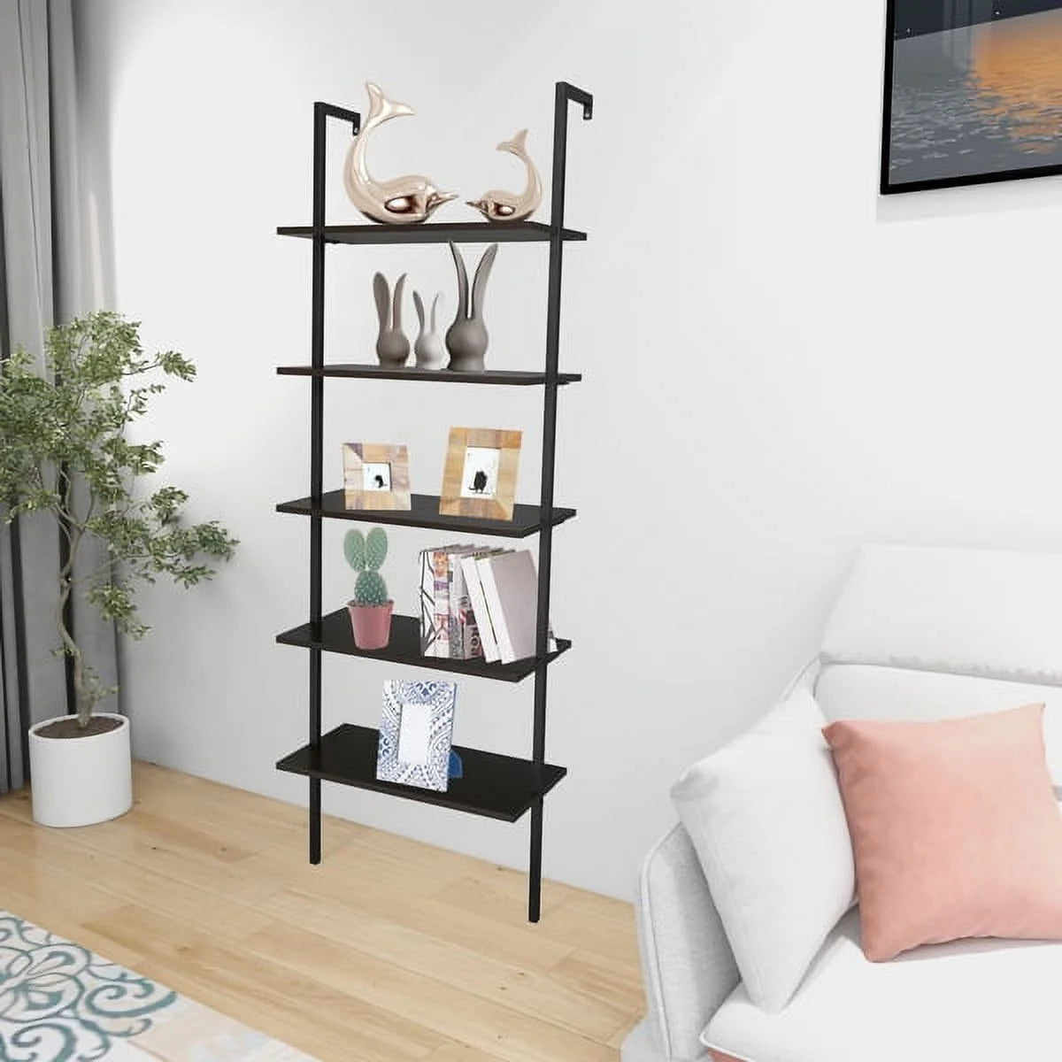 5-Shelf Wood Ladder Bookcase with Metal Frame J149154