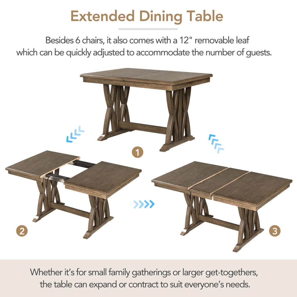 Solid Wood 7-Piece Extendable Dining Table Set with Upholstered Chairs T9174