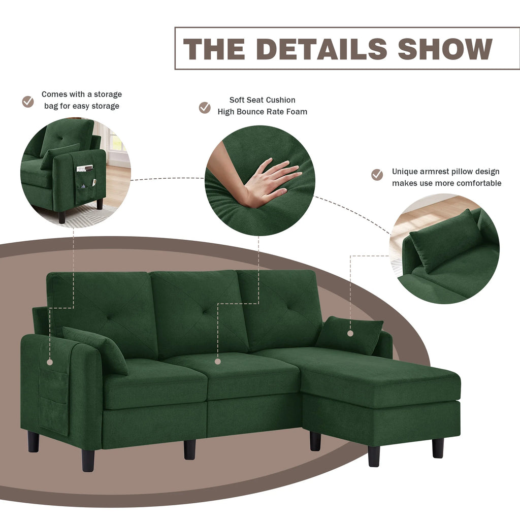 Green L-Shaped Convertible Sectional Sofa with Chaise F518322