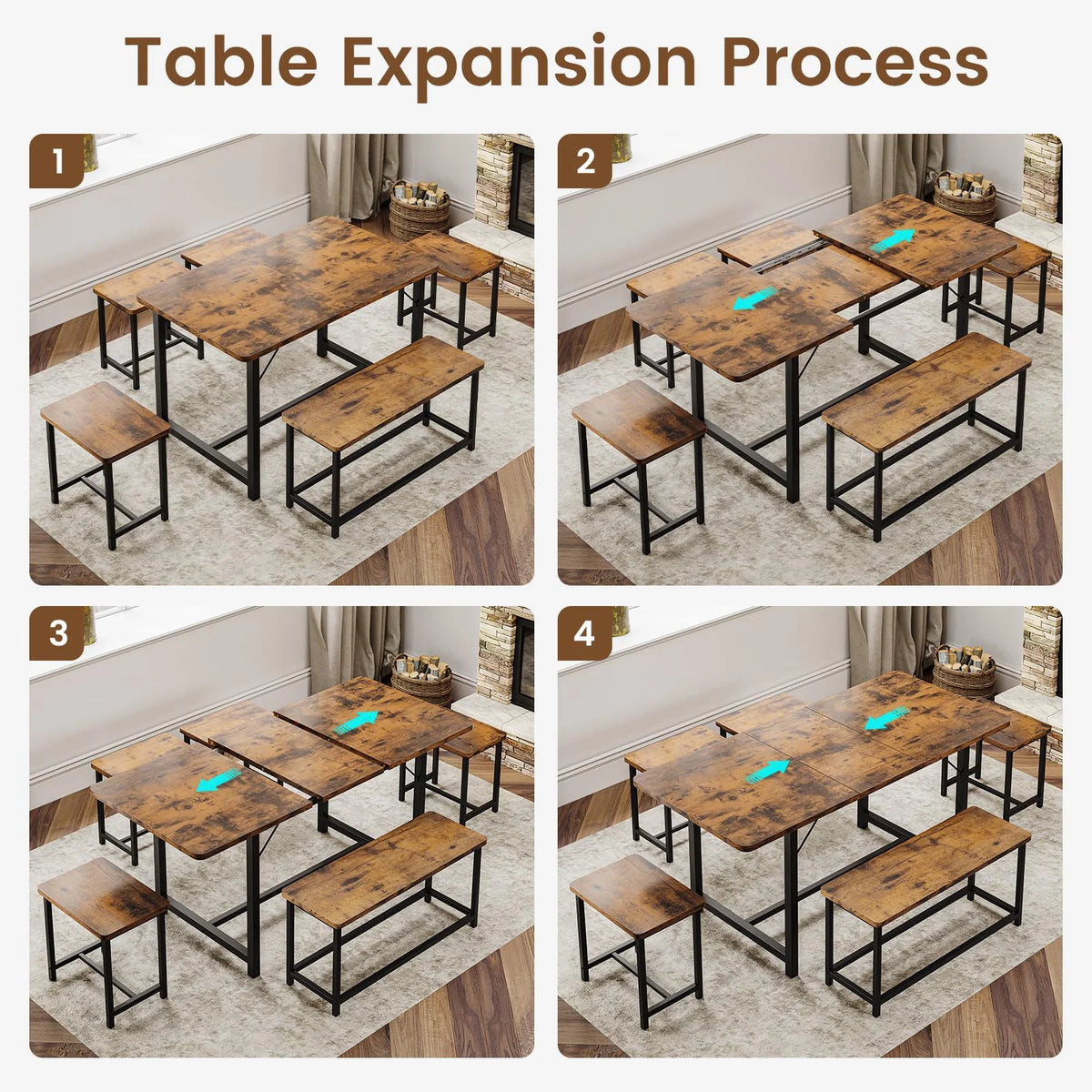 6 Piece Extendable Dining Table Set with Bench and 4 Stools O7265