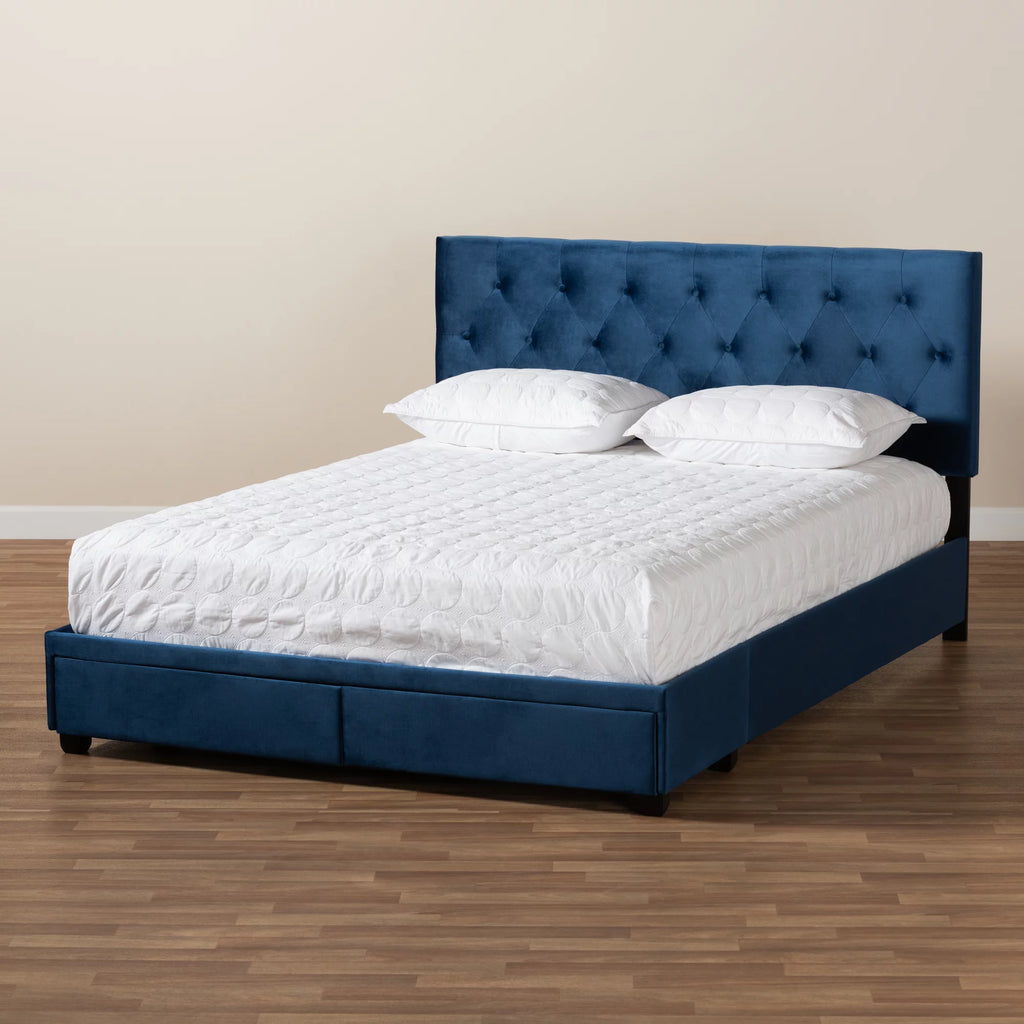 Navy Blue Velvet Upholstered 2-Drawer King Size Platform Storage Bed J62560