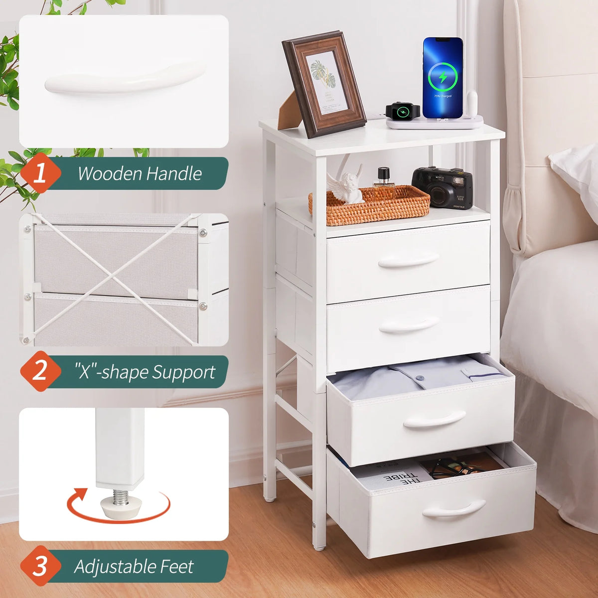 Night Stand with Charging Station, 4 Fabric Drawers and Storage Shelf Y69420