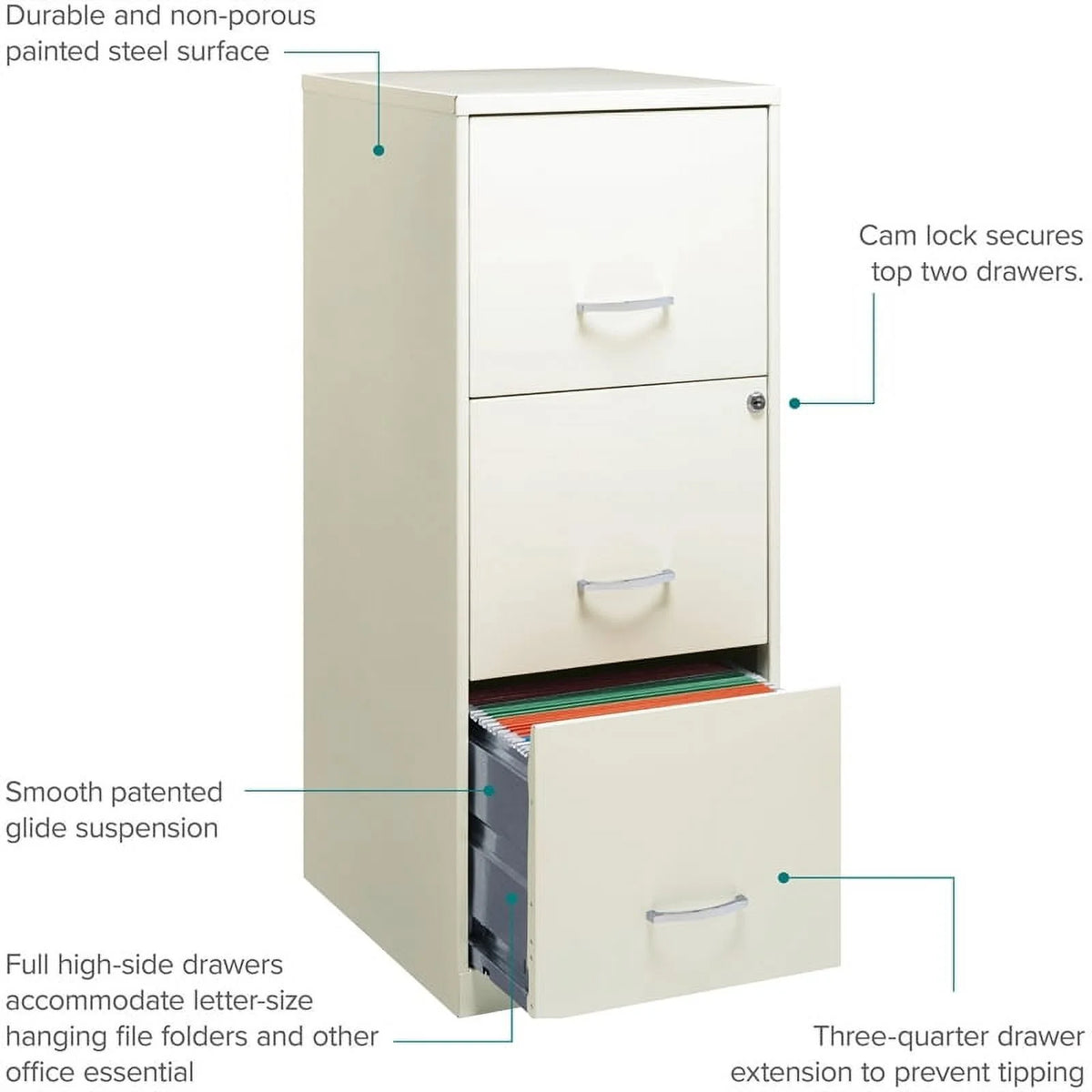 White 3 Drawer Metal File Cabinet with Lock C14397