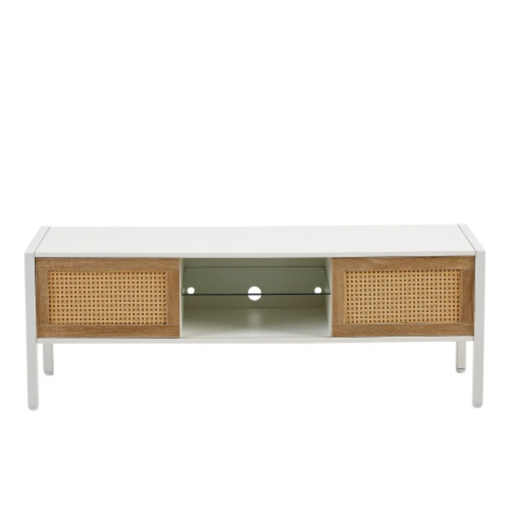 White Rattan TV Cabinet with Sliding Doors and Adjustable Shelf A87111