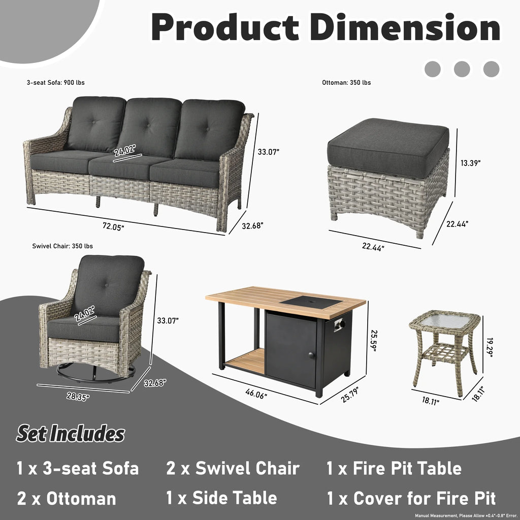 7 Pieces All Weather Wicker Patio Furniture with Fire Pit T846611