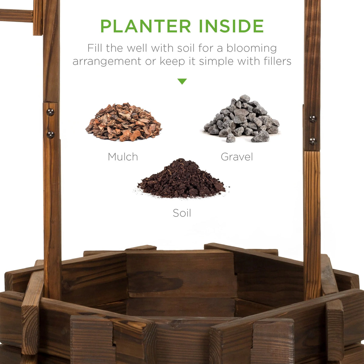 Rustic Wooden Wishing Well Planter with Hanging Bucket M62289