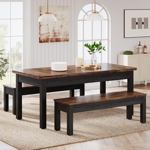 Farmhouse 55-Inch Wooden Dining Table Set with 2 Benches X917