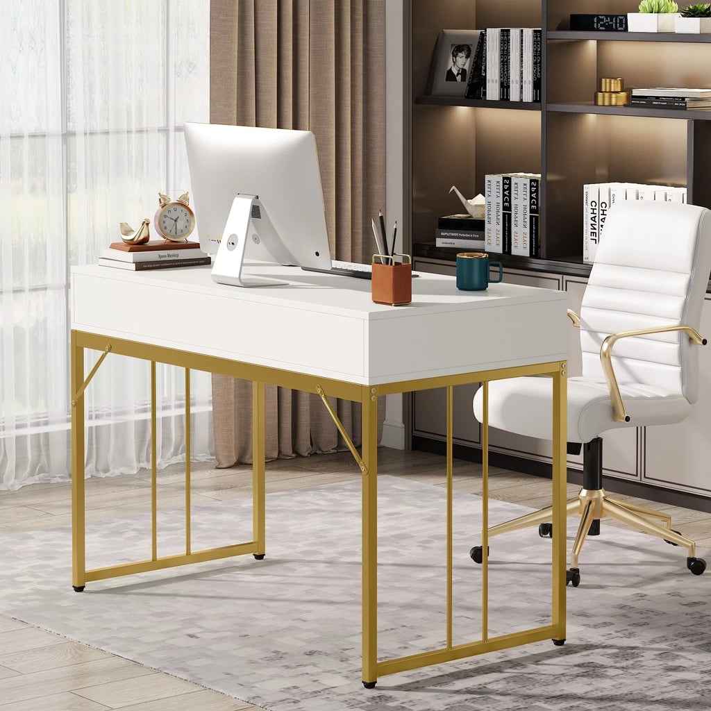 White and Gold Computer Writing Desk with 2 Drawers X626215